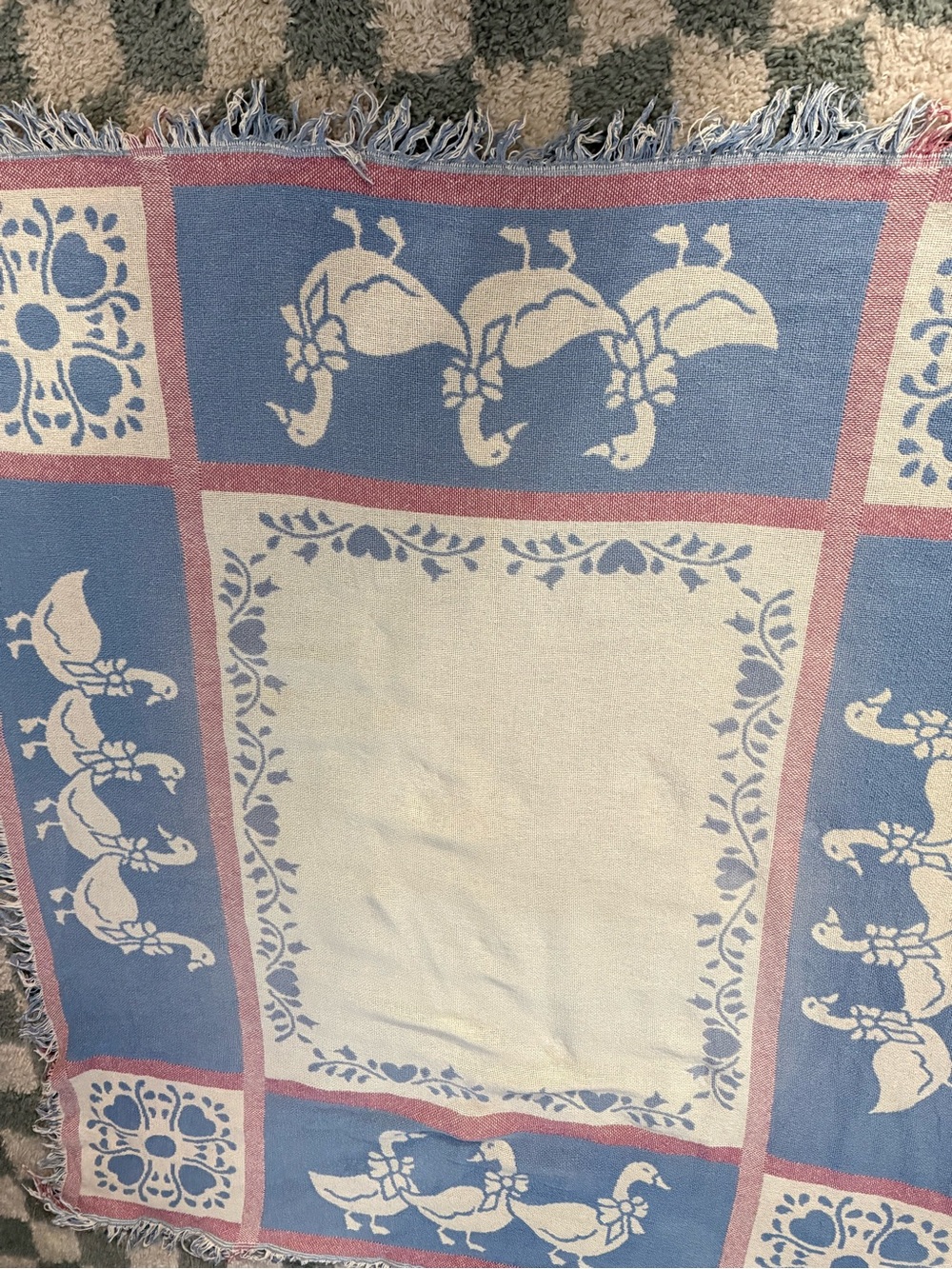 VTG Duck Goose Tapestry Blanket Woven Throw Blanket Blue Pink Cottage Core - Picture 3 of 7